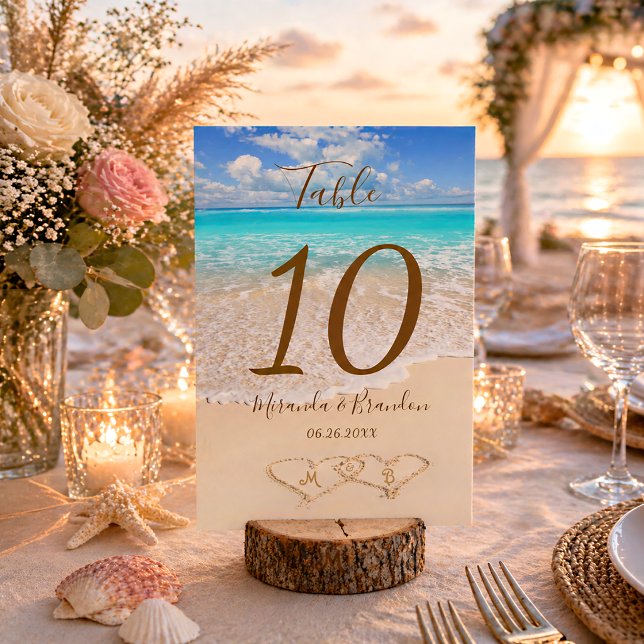 Numéro De Table Cœurs dans le sable Mariage tropical sur la plage (Créateur téléchargé)