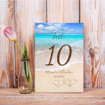 Numéro De Table Coeurs dans le Sand Tropical Beach Mariage<br><div class="desc">Profitez de votre journée spéciale dans l'ambiance apaisante de la plage avec nos Coeurs Personnalisés dans le Sand Tropical Beach Wedding Table Numbers. Ce magnifique paysage design dispose d'un motif d'ondes océaniques bleu apaisant, créant un cadre parfait pour vos numéros de table. L'élégant script utilisé pour les numéros ajoute une...</div>