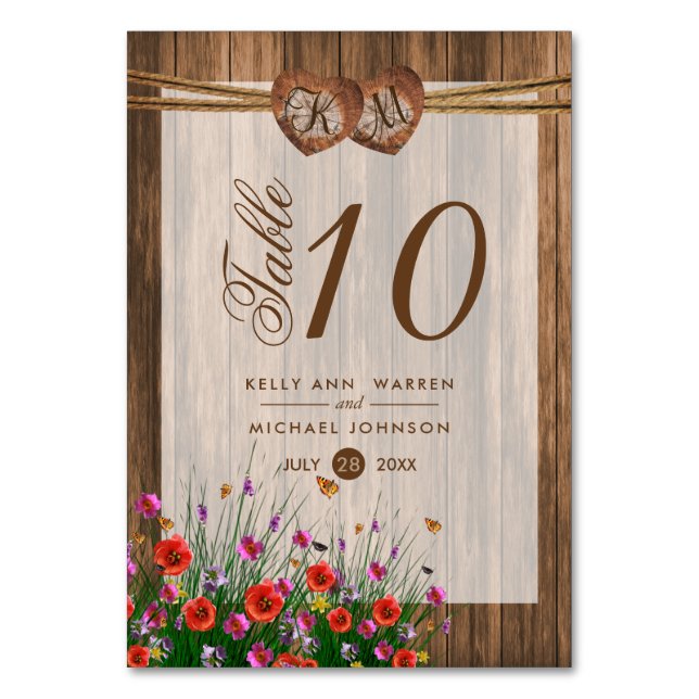Numéro De Table Coeurs en bois Monogramme avec Fleur sauvage - Car (Par défaut)