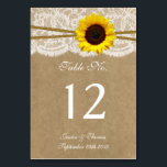 Numéro De Table Collection de Mariages Kraft, dentelle et tourneso<br><div class="desc">La collection Kraft, dentelle et tournesol est un design époustouflant qui présente un bel arrière - plan rustique à effet de papier Kraft avec une finition vintage romantique à effet de dentelle blanche, finie par un superbe tournesol et une ficelle. Ces cartes de numéro de table peuvent être personnalisées pour...</div>