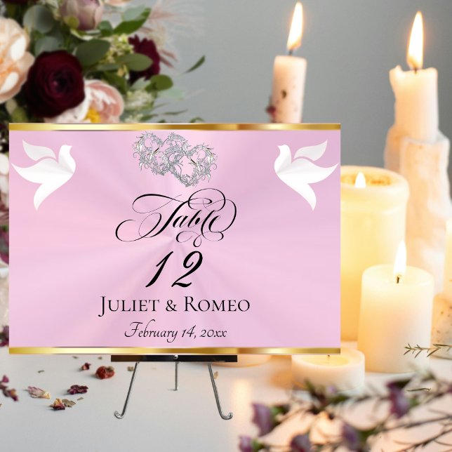 Numéro De Table Colombes & Cœurs - Rose Pastel/Argenté (Créateur téléchargé)