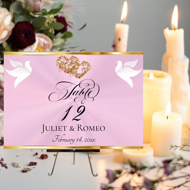 Numéro De Table Colombes & Cœurs - Rose Pastel/Or (Créateur téléchargé)