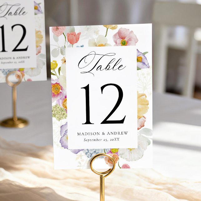 Numéro De Table Colorful Watercolor Wildflower Wedding (Créateur téléchargé)