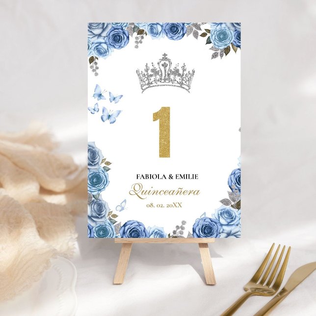 Numéro De Table Coquinceanera bleu et or élégant et chic (Créateur téléchargé)
