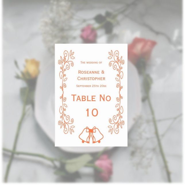 Numéro De Table Coral Bells Scrollwork Design Mariage (Coral wedding table number bells and scrollwork design)
