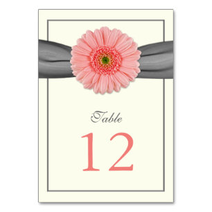 Numéro De Table Coral Gerbera Daisy Grey Ribbon Mariage