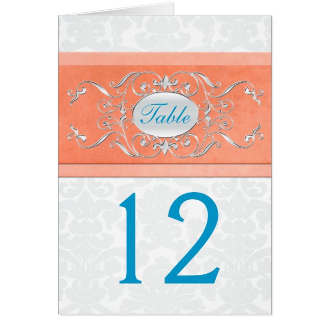 Numéro de table Coral, Turquoise et Grey Damask (Devant)