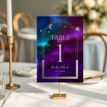Numéro De Table Cosmologique violet Turquoise argent Mariage de lu<br><div class="desc">Cosmic Purple Turquoise Silver Sun Moon Astronomy Mariage Table Numbers présente un soleil, une lune et des étoiles avec un cadre argenté sur un arrière - plan cosmique coloré violet, turquoise et bleu. À l'intérieur, vous trouverez vos informations d'invitation de mariage personnalisées. Personnalisez en modifiant le texte dans les zones...</div>
