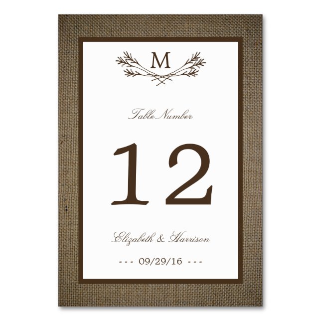 Numéro De Table Country Rustic Monogramme Branche & Mariage Burlap (Par défaut)