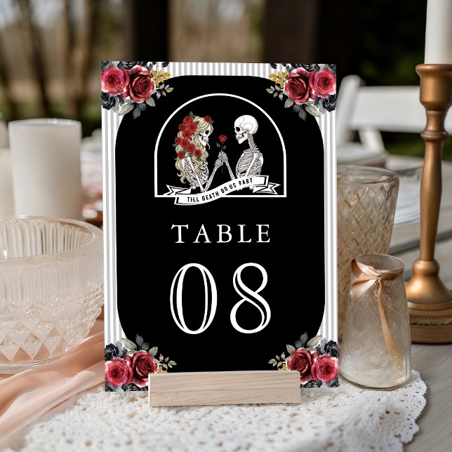 Numéro De Table Couple de squelettes gothiques Roses rouges Mariag (Créateur téléchargé)
