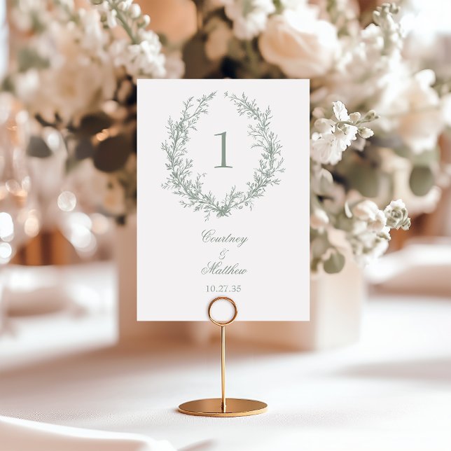 Numéro De Table Couronne de mariage botanique Monogramme Vert Saug (Créateur téléchargé)