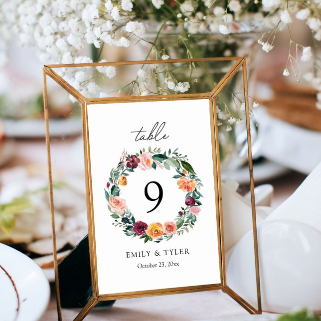 Numéro De Table Couronne de mariage de fleurs de rose d'automne (In situ)
