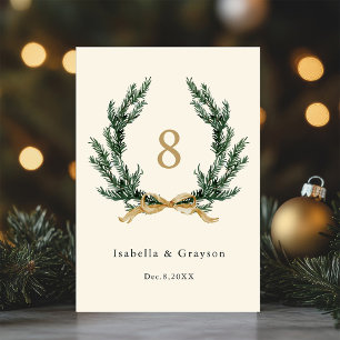 Numéro De Table Couronne de mariage en pin Evergreen et ruban doré