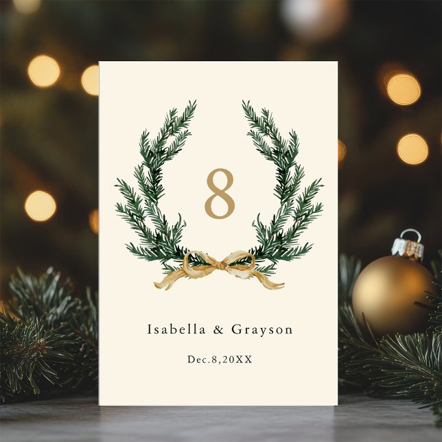 Numéro De Table Couronne de mariage en pin Evergreen et ruban doré (Créateur téléchargé)