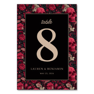Numéro De Table Crâne floral rouge gothique avec bordure
