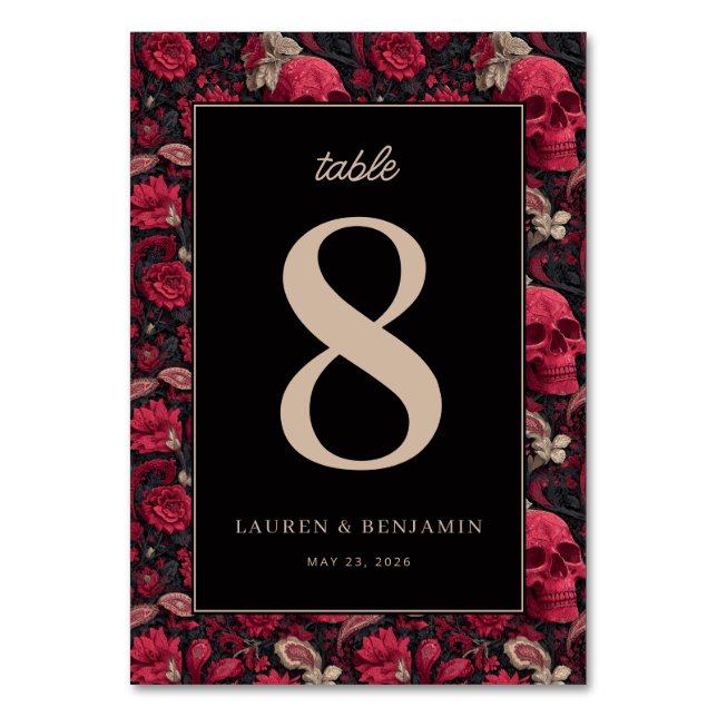 Numéro De Table Crâne floral rouge gothique avec bordure (Par défaut)