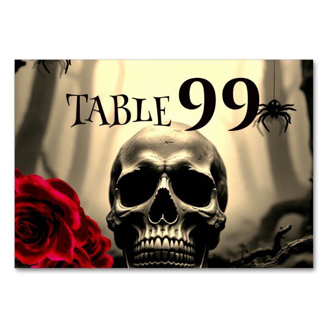 Numéro De Table Crâne gothique noir Roses rouges Halloween effraya (Devant)