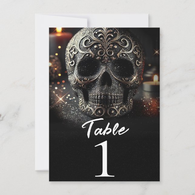 Numéro de table Crâne Paillettes Glitter Noir Glam (Devant)