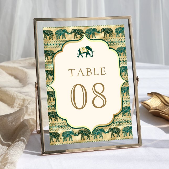 Numéro De Table Crème Émeraude Vert Or Éléphant Mariage Indien (Créateur téléchargé)