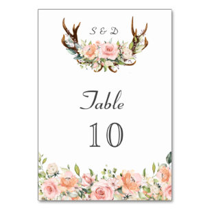 Numéro De Table Crème Flore Noir Antlers Mariage écriture manuscri