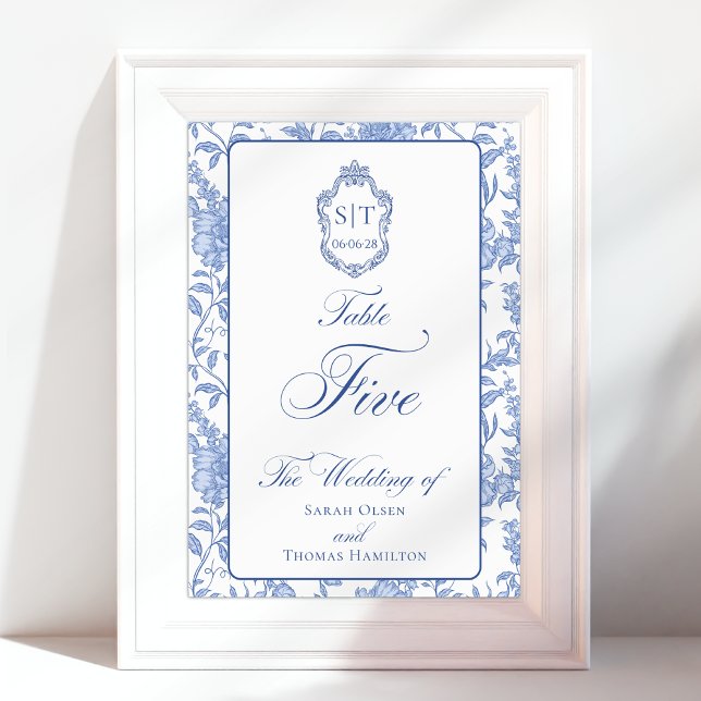 Numéro De Table Crest Monogram Bleu Floral Script Cinq (Créateur téléchargé)