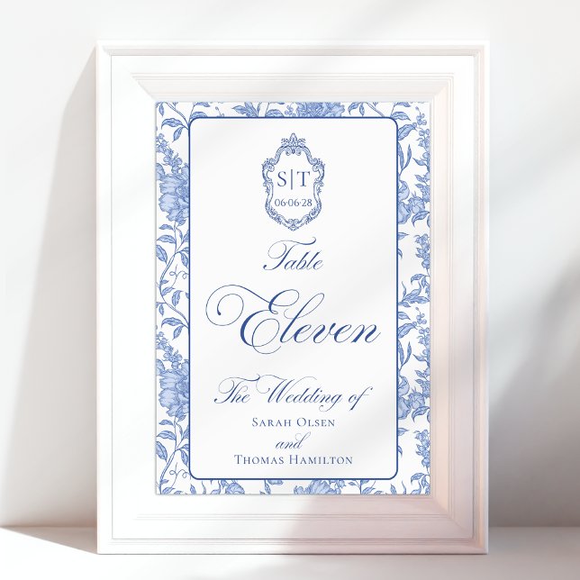 Numéro De Table Crest Monogram Blue Floral Script Eleven (Créateur téléchargé)