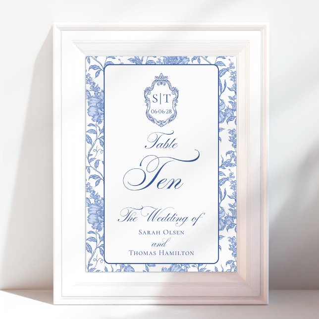 Numéro De Table Crest Monogram Blue Floral Script TEN (Créateur téléchargé)