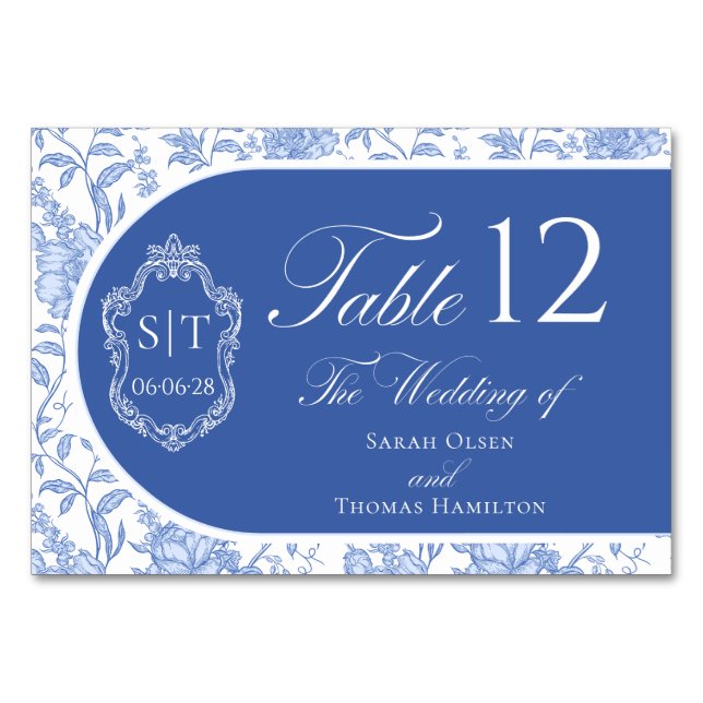 Numéro De Table Crest Monogram Delft Blue Floral Script (Devant)