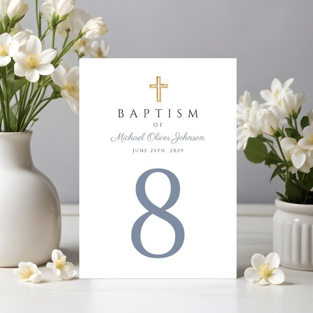 Numéro De Table Croix Religieuse Baptême Garçon Bleu (Religious Cross Blue Boy Baptism Table Number)