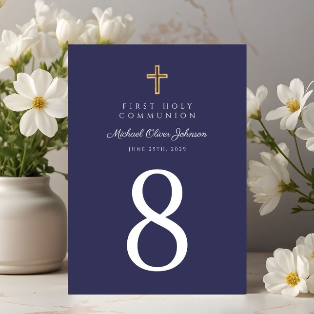 Numéro De Table Croix religieuse bleu marine Garçon Première Commu (Religious Cross Navy Blue Boy First Communion Table Number)