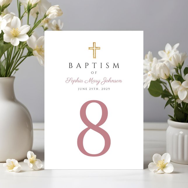 Numéro De Table Croix Religieuse Écriture Rose Élégante Baptême Fi (Religious Cross Pink Girl Baptism Table Number)