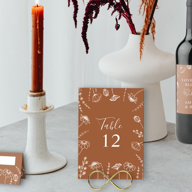 Numéro De Table Croquis Fleur sauvage en terre cuite encadré modif (Wedding Table Number in Terracotta Burnt Orange, from my Wildflower Sketch collection)