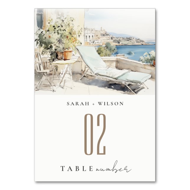 Numéro De Table Curfu Grèce Mariage de paysage aquarelle (Par défaut)