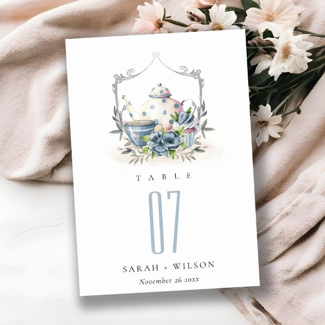 Numéro De Table Cute Aqua Blue floral Teapot Crest Mariage (Créateur téléchargé)