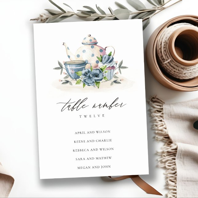 Numéro De Table Cute Aqua Blue Floral Teapot Cup Mariage assis (Créateur téléchargé)
