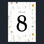 Numéro De Table Dainty Floral Fleur sauvage Mariage<br><div class="desc">Ce numéro de table mariage coloré de fleurs sauvages est parfait pour un mariage boho rustique. Le design est composé d'aquarelle peinte à la main,  de belles fleurs sauvages rouges,  rousses,  oranges,  bleues,  jaunes et vertes.</div>