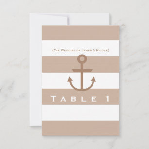 Numéro de table d'ancre rayé marron taupe et blanc