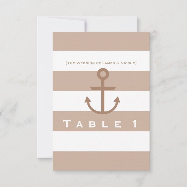 Numéro de table d'ancre rayé marron taupe et blanc (Devant)