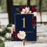 Numéro De Table Dark Moody Burgundy Blush Navy Blue Floral Mariage<br><div class="desc">Personnalisez ce numéro de table de mariage élégant facilement et rapidement. Cliquez simplement sur le bouton Modifier à l'aide des outils de conception pour modifier le texte, modifier les polices et les couleurs des polices. Avec de belles fleurs de pivoines rousses réalistes bordeaux contre un arrière - plan bleu marine...</div>