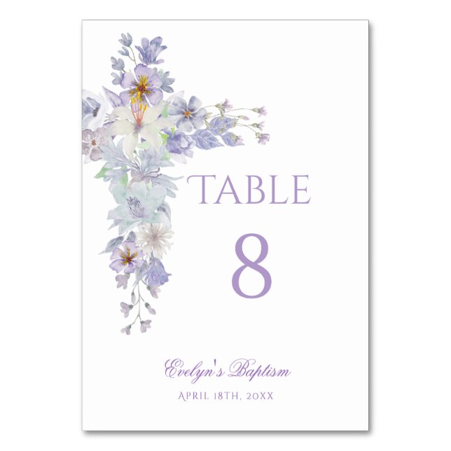 Numéro de table de baptême à croix florale lavande (Par défaut)