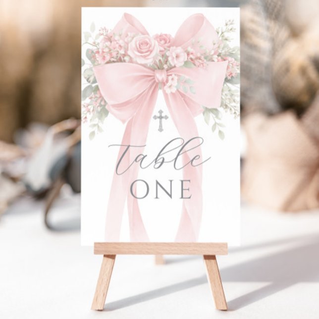 Numéro de table de baptême floral ruban rose (Créateur téléchargé)