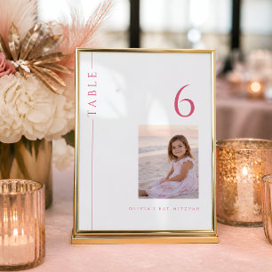 Numéro de table de Bat Mitzvah rose vif avec photo