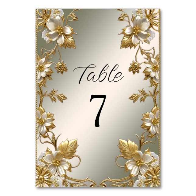 Numéro de table de l'ornat d'or floral blanc
