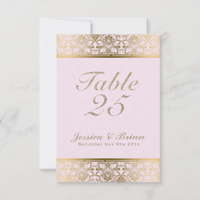 Numéro de table de mariage à dentelle dorée et ros (Devant)