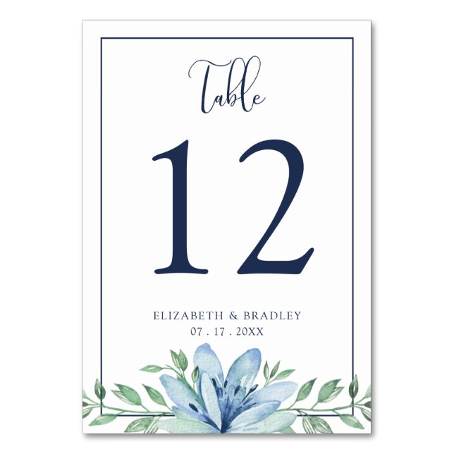 Numéro de table de mariage à fleurs aquarelle bleu (Par défaut)