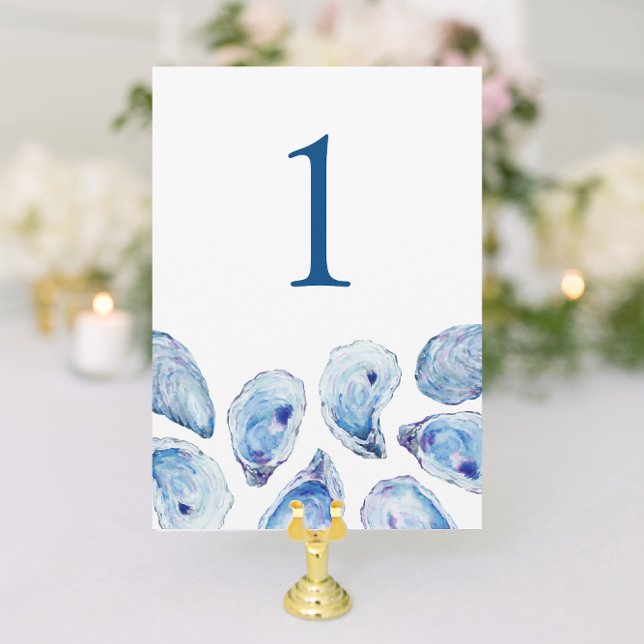 Numéro de table de mariage à l'aquarelle Huître Bl (Oyster Wedding Table Number with elegant blue watercolor illustrations from Concertina Press)