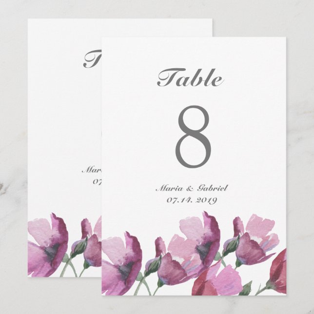 Numéro de table de mariage à l'aquarelle rose viol (Devant / Derrière)