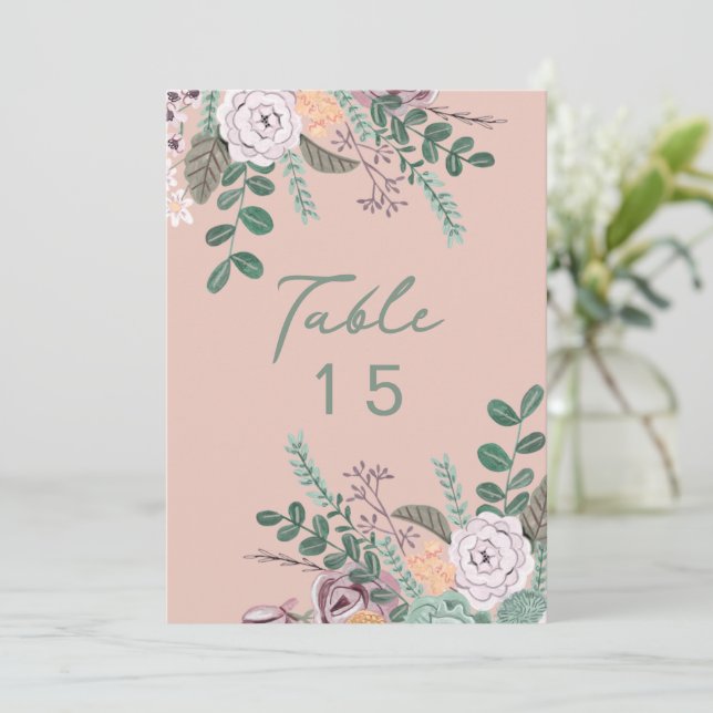 Numéro de table de mariage à l'eucalyptus rose flo (Debout devant)