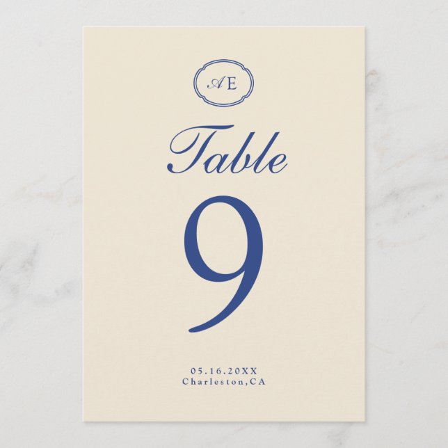 Numéro de table de mariage à monogramme bleu franç (Devant)