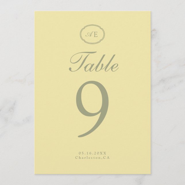 Numéro de table de mariage à monogramme jaune beur (Devant)